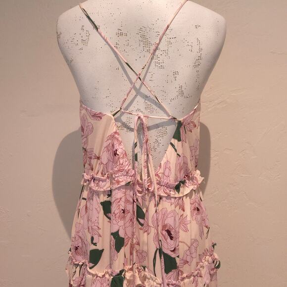 Lost + Wander Flowy Hawaiian Rose Pink Tiered Tie-Back Halter Maxi Dress, Sz Med - Picture 6 of 10
